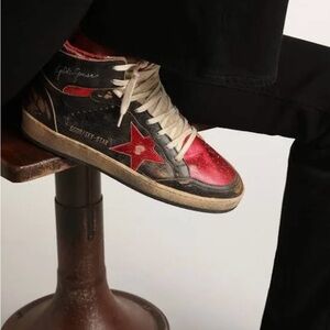 Golden Goose Black and Red Mid-Top Sneakers with Star